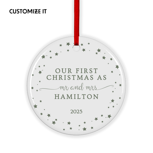 CUSTOM Our First Christmas as Mr and Mrs Ceramic Christmas Ornament