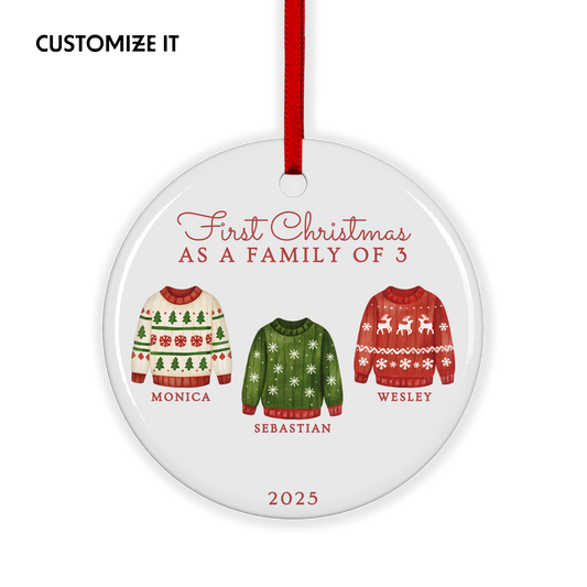 CUSTOM First Christmas As Family of 3, 4, 5, 6 Jumpers Ceramic Christmas Ornament