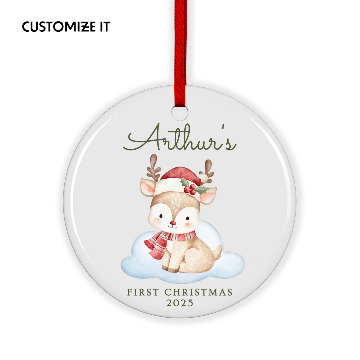 CUSTOM Baby's First Christmas Reindeer Ceramic Christmas Ornament