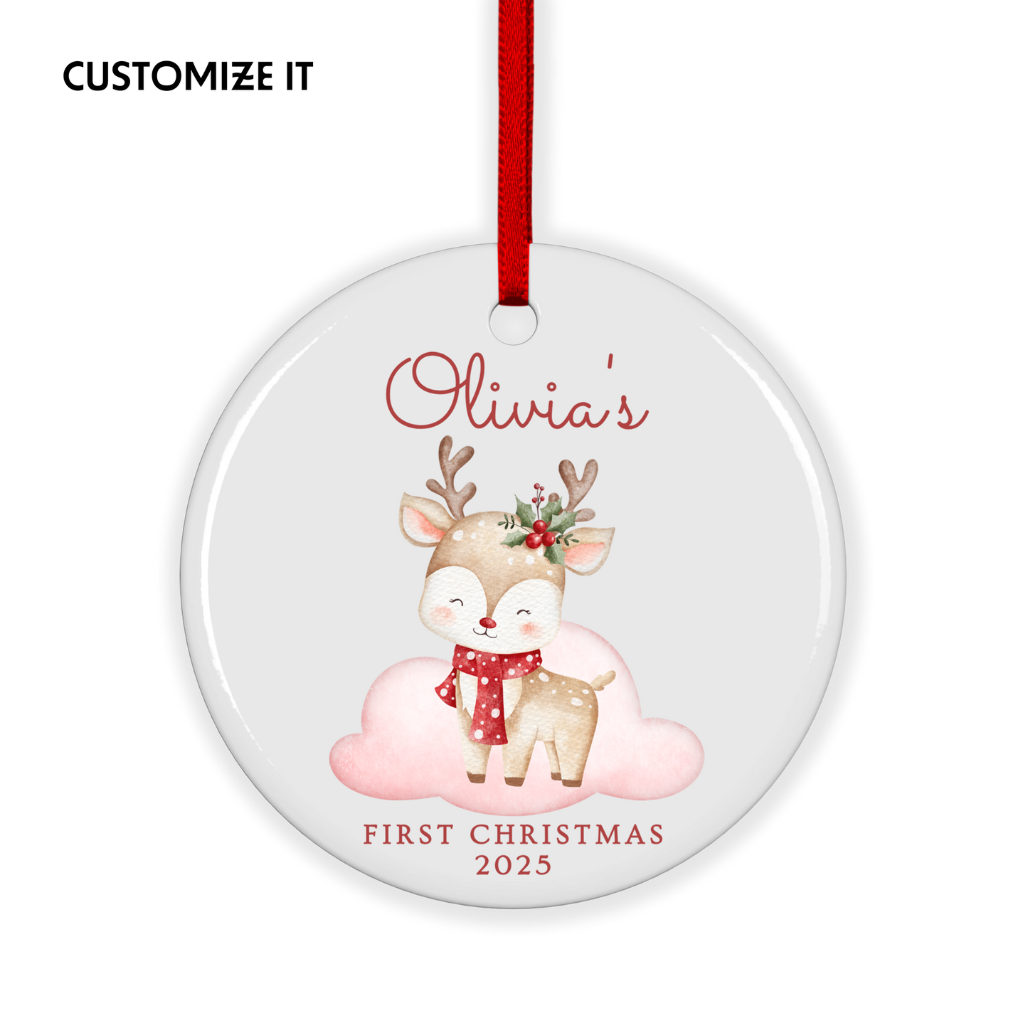 CUSTOM Baby's First Christmas Reindeer Ceramic Christmas Ornament