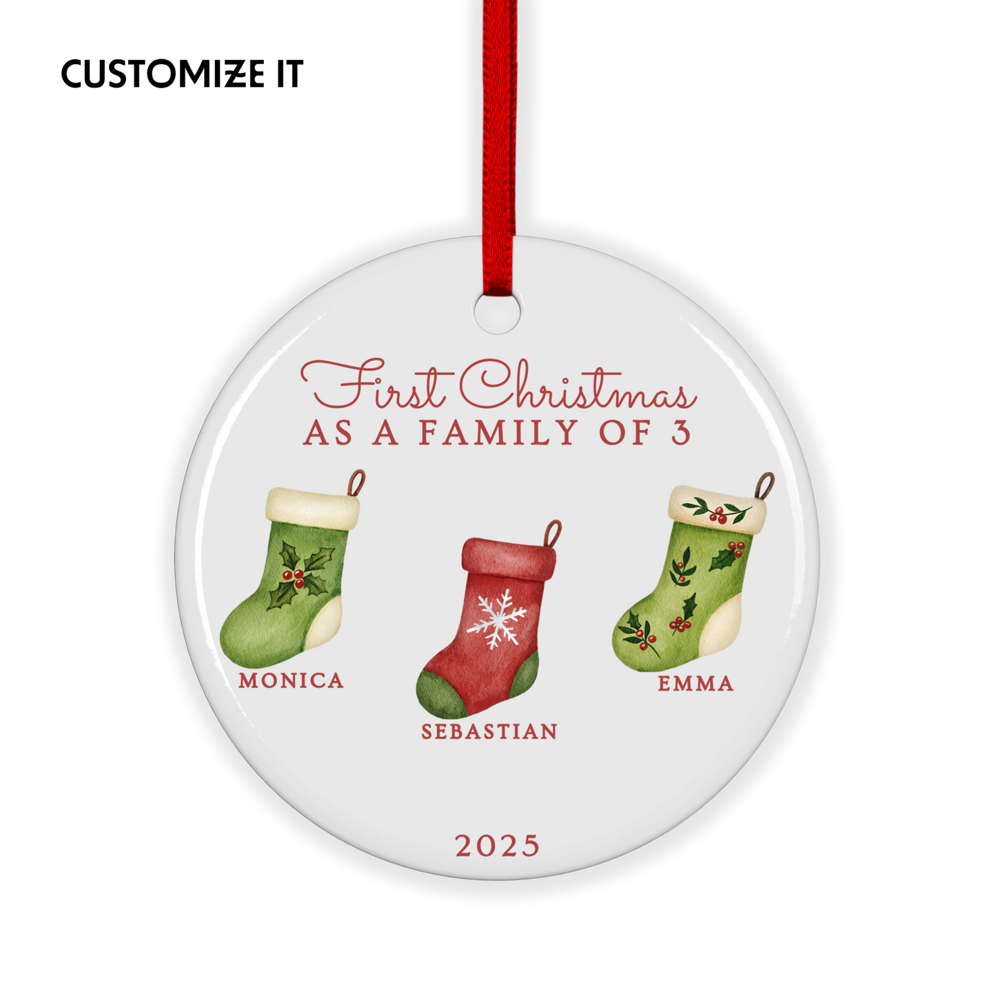 CUSTOM First Christmas As Family of 3, 4, 5, 6 Stockings Ceramic Christmas Ornament