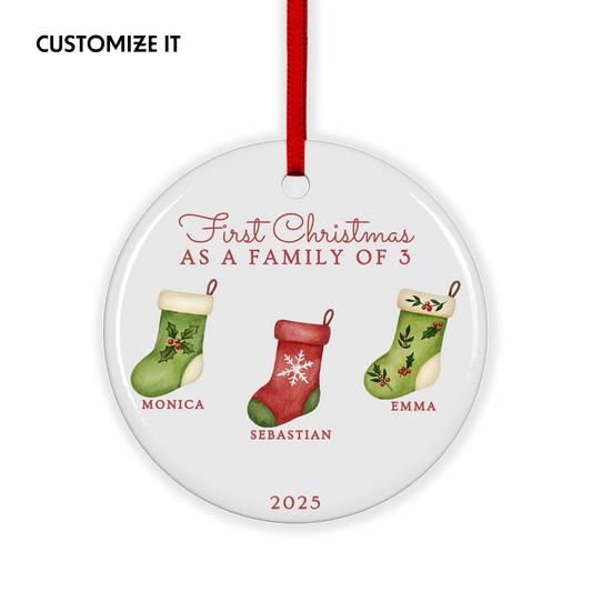 CUSTOM First Christmas As Family of 3, 4, 5, 6 Stockings Ceramic Christmas Ornament