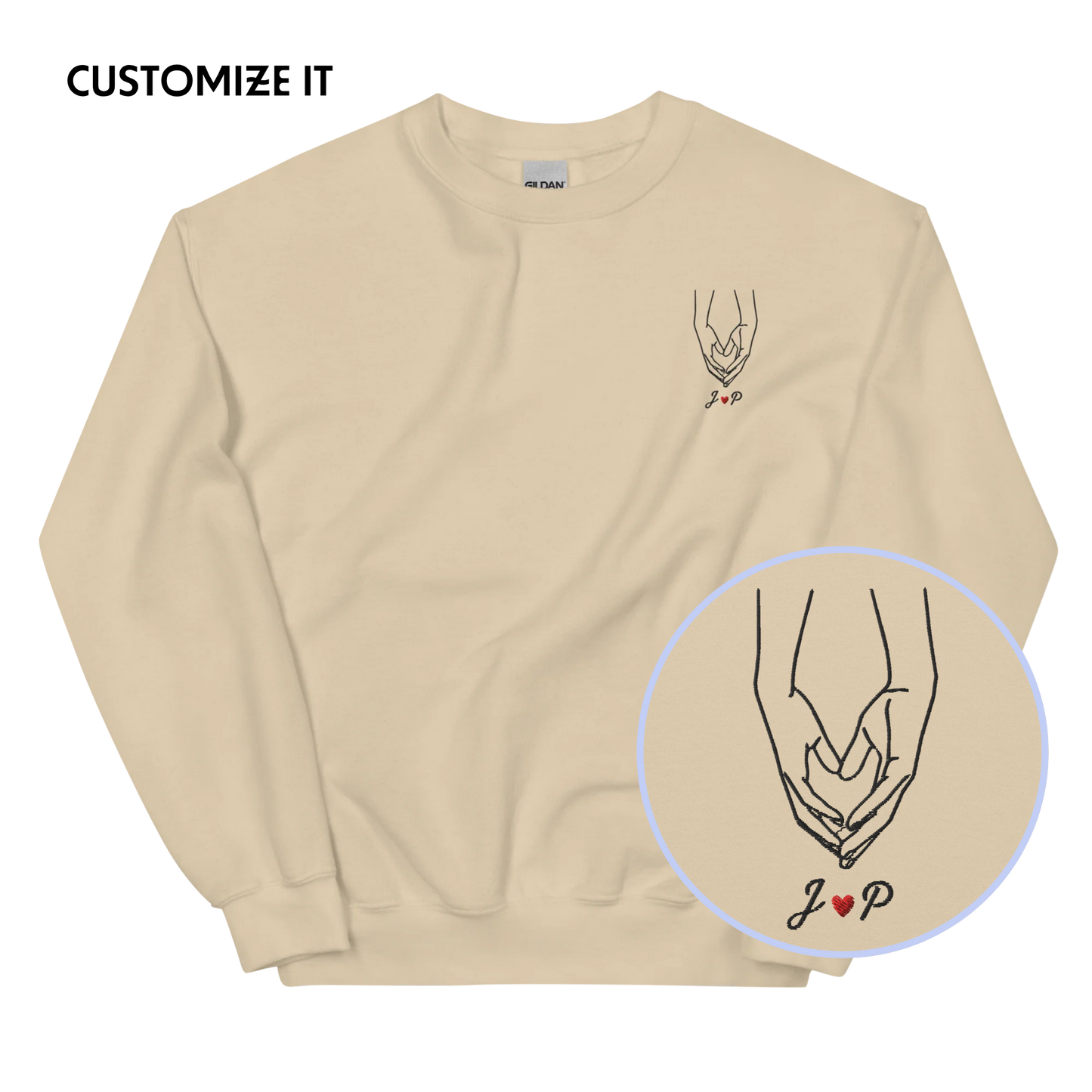 CUSTOM Couple Initials Embroidered Sweatshirt - Heart Hands