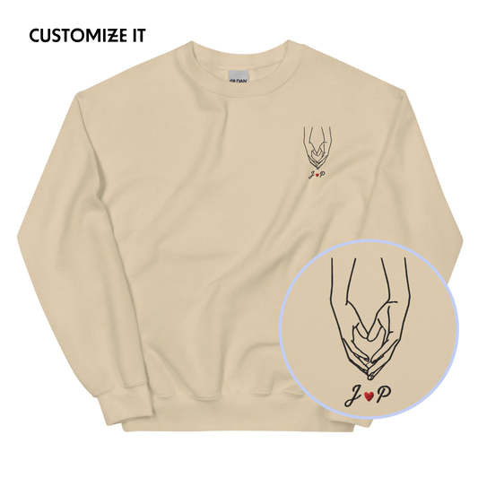 CUSTOM Couple Initials Embroidered Sweatshirt - Heart Hands
