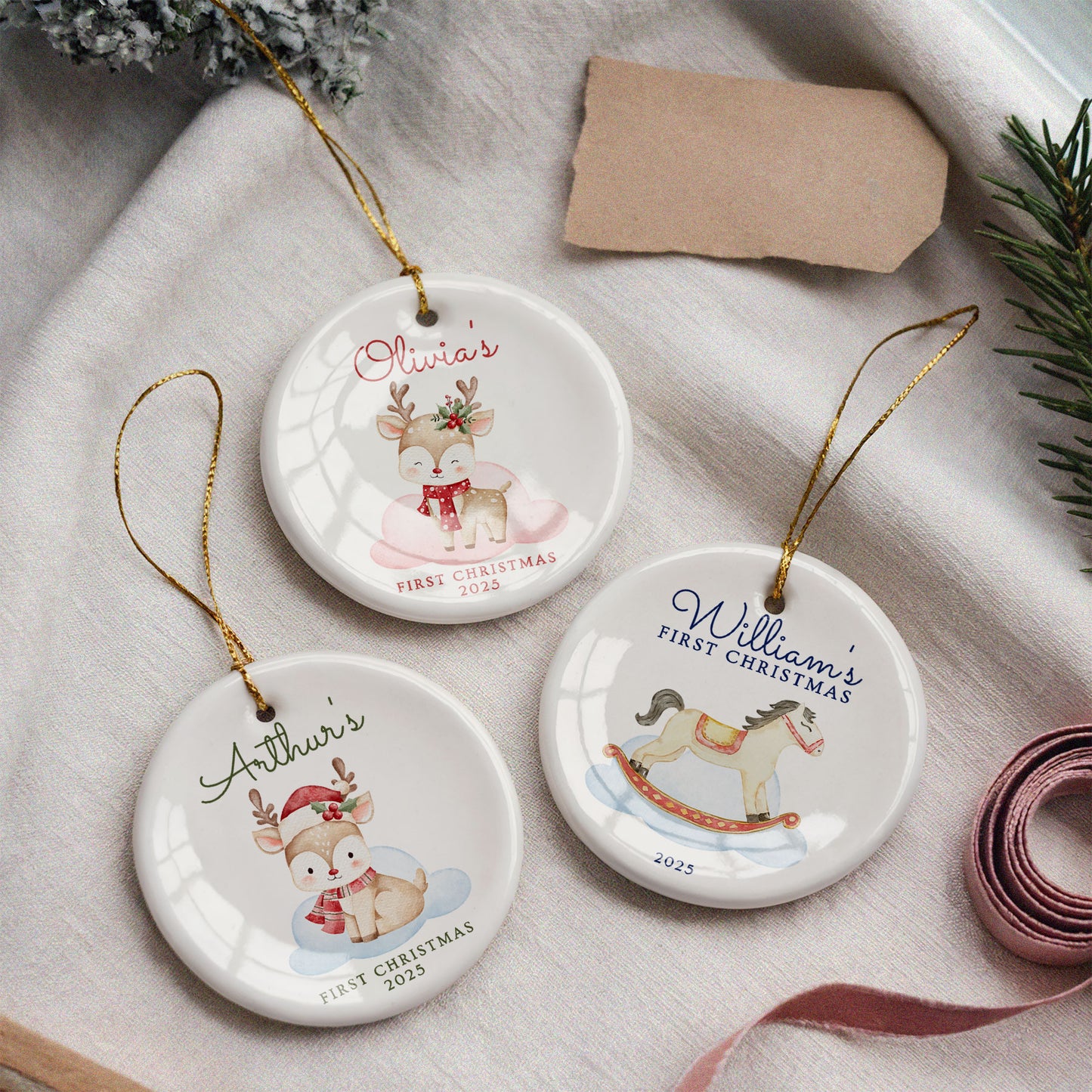 CUSTOM Baby's First Christmas Reindeer Ceramic Christmas Ornament