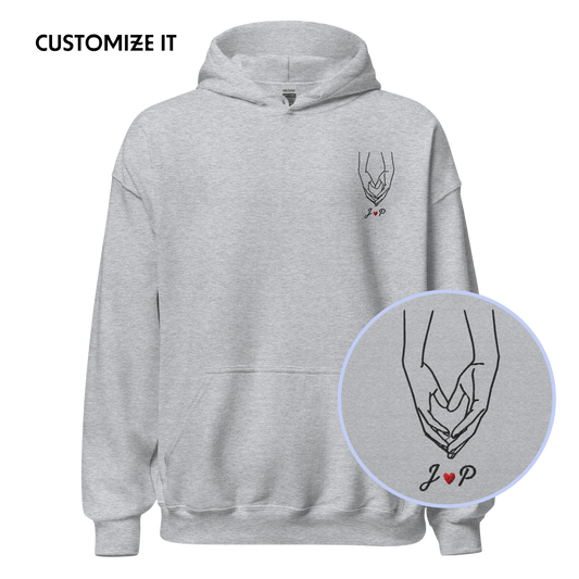 CUSTOM Couple Initials Embroidered Hoodie - Heart Hands