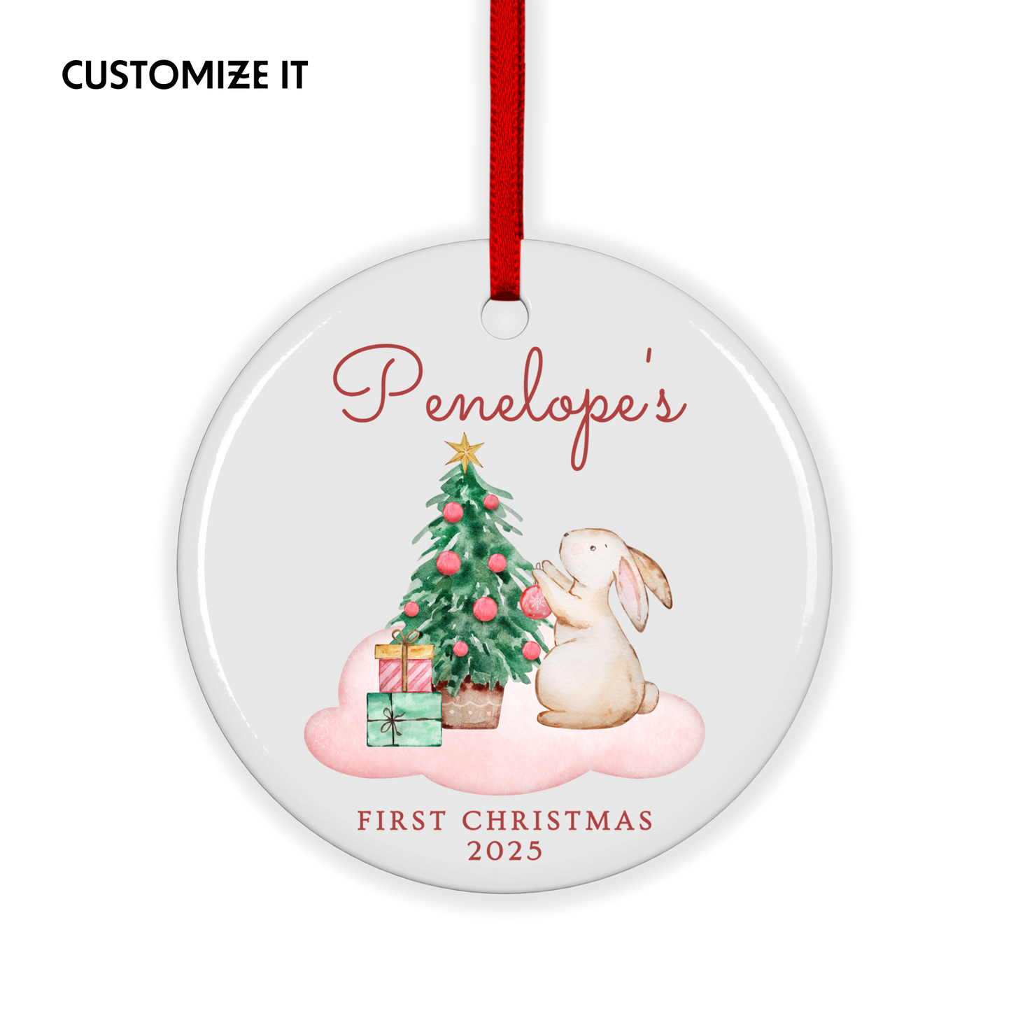 CUSTOM Baby's First Christmas Bunny Ceramic Christmas Ornament