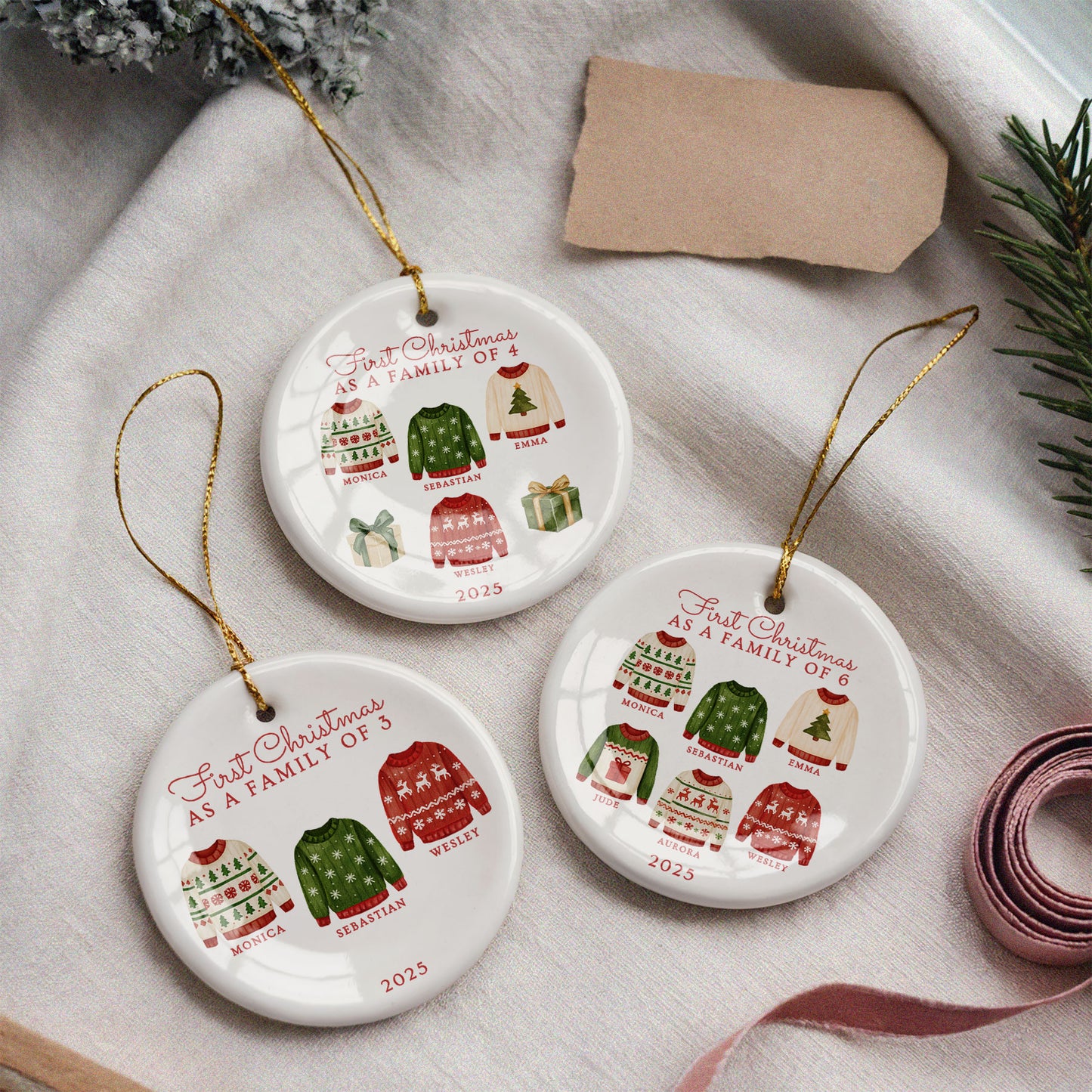 CUSTOM First Christmas As Family of 3, 4, 5, 6 Jumpers Ceramic Christmas Ornament
