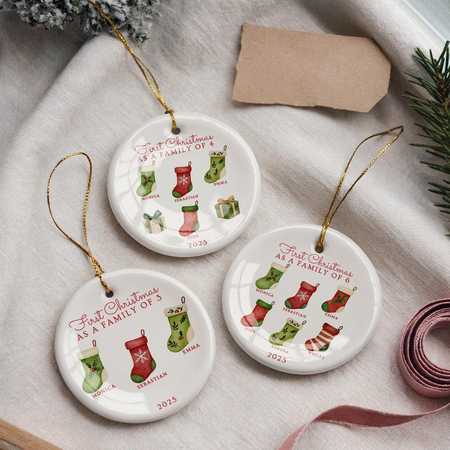 CUSTOM First Christmas As Family of 3, 4, 5, 6 Stockings Ceramic Christmas Ornament