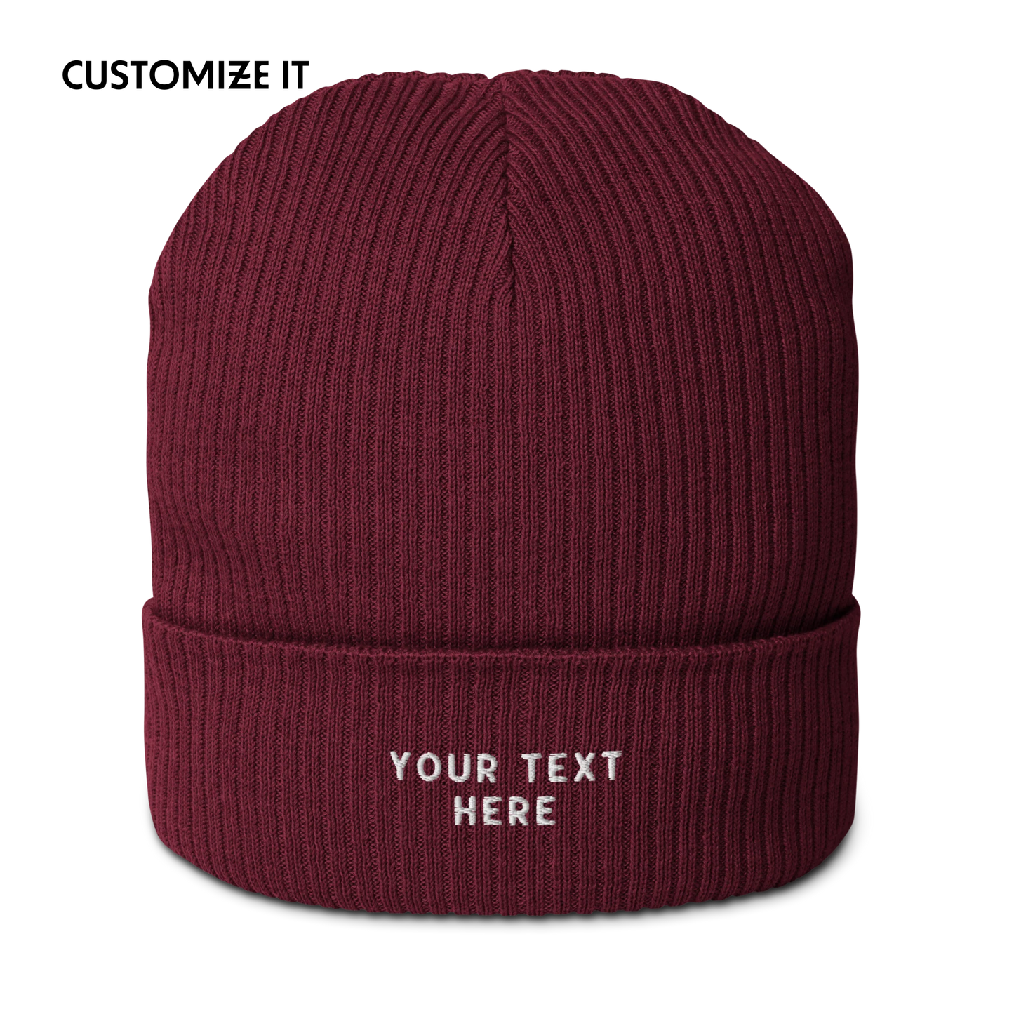 CUSTOM Text Embroidered Organic Ribbed Beanie