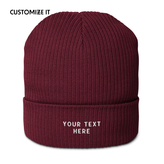 CUSTOM Text Embroidered Organic Ribbed Beanie