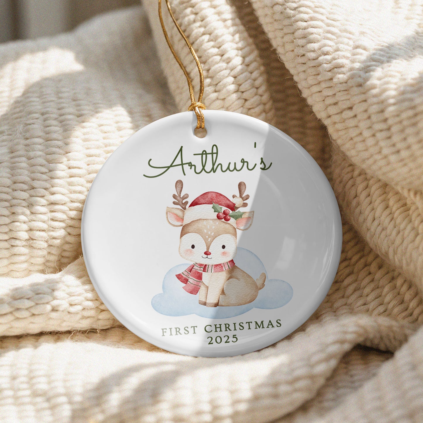 CUSTOM Baby's First Christmas Reindeer Ceramic Christmas Ornament