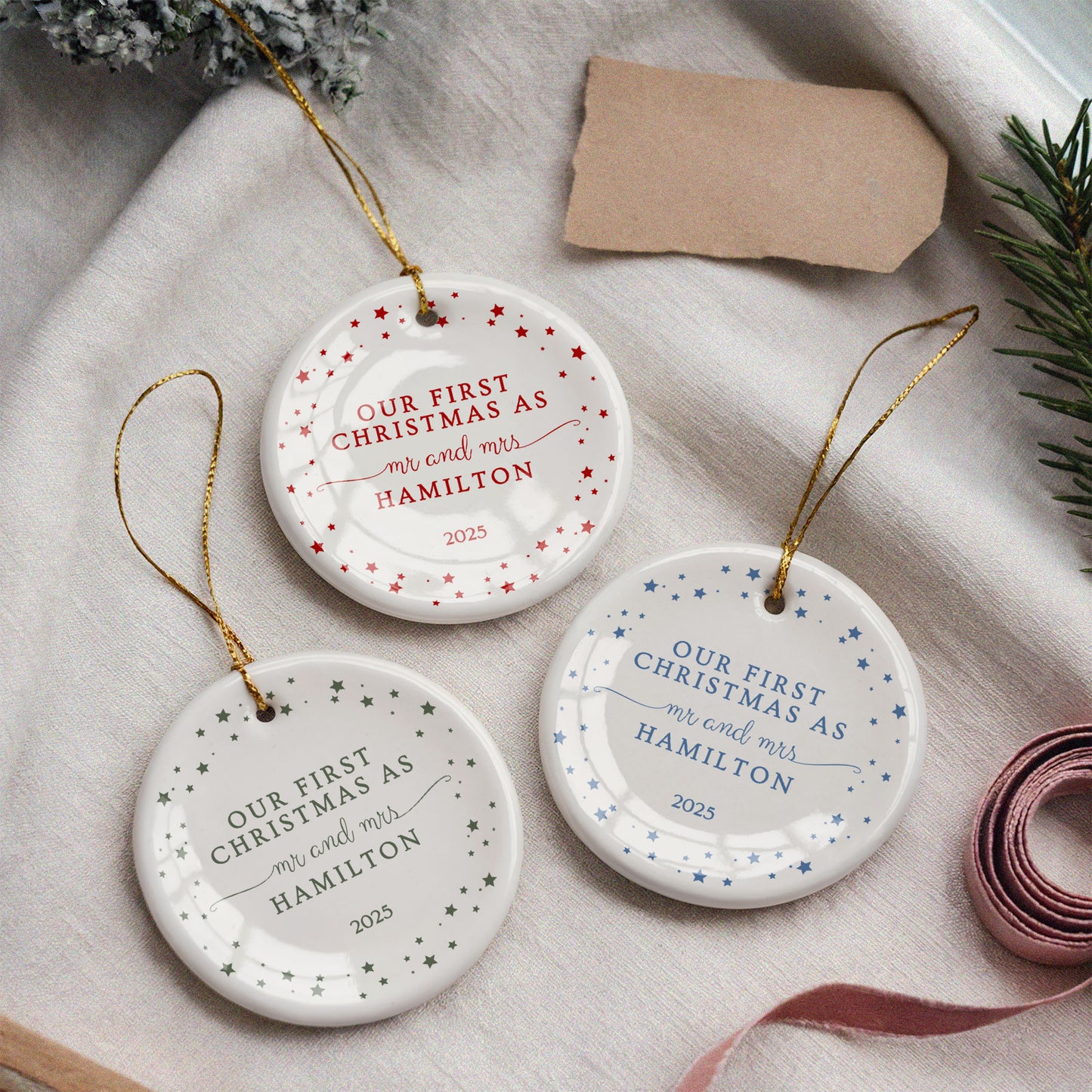 CUSTOM Our First Christmas as Mr and Mrs Ceramic Christmas Ornament
