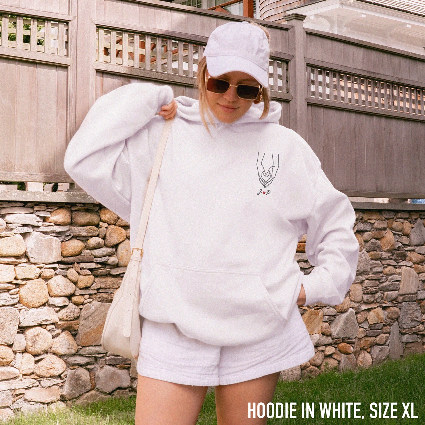 CUSTOM Couple Initials Embroidered Hoodie - Heart Hands