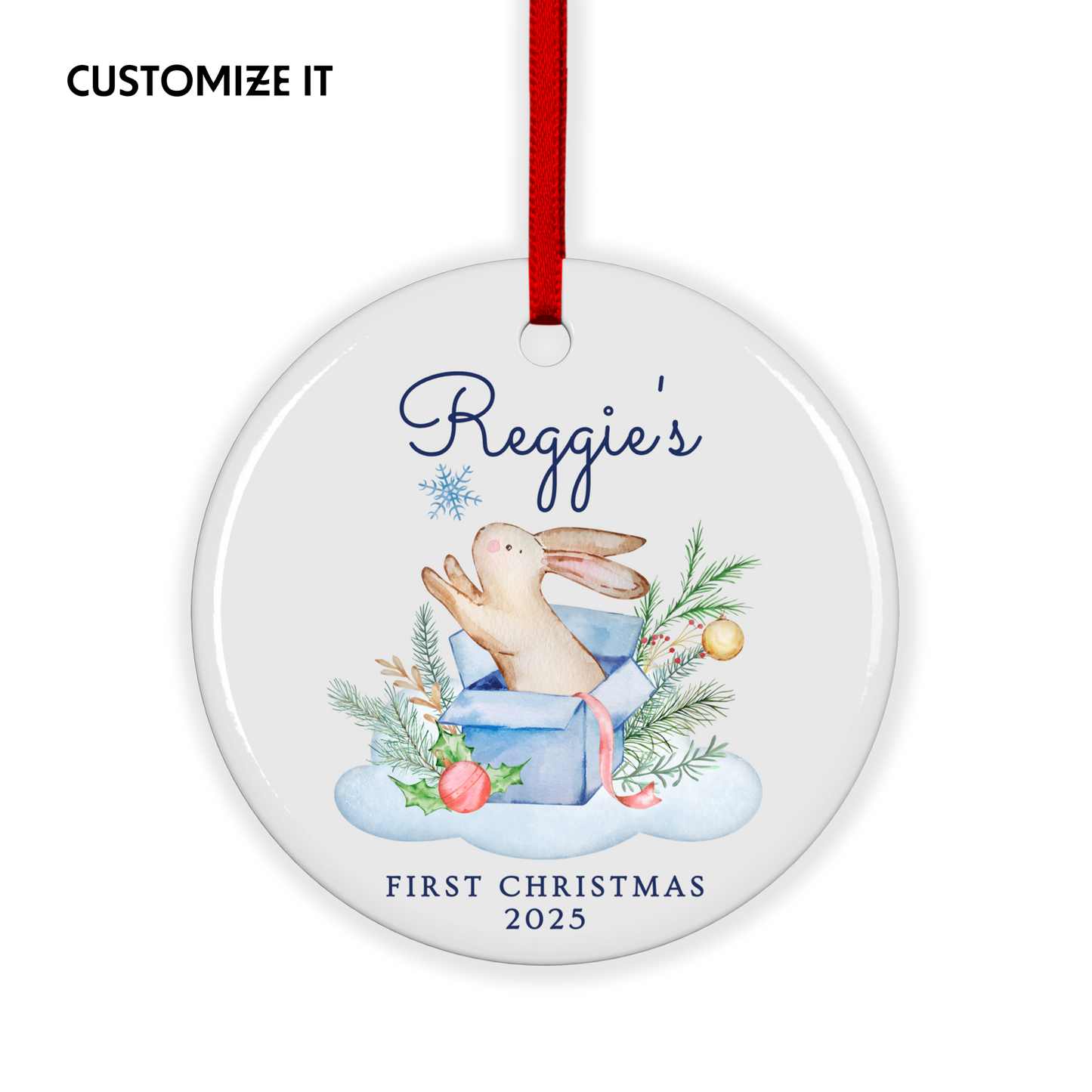 CUSTOM Baby's First Christmas Bunny Ceramic Christmas Ornament