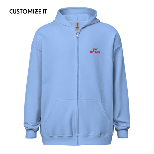 CUSTOM Your Red Text Embroidered Zip-Up Hoodie