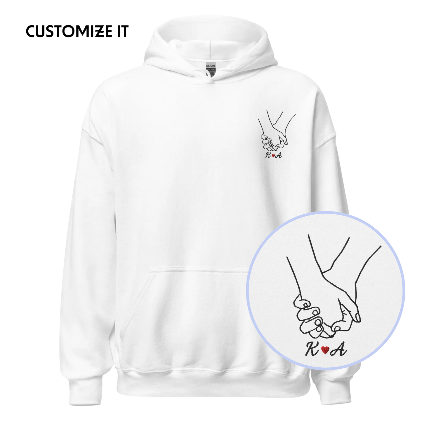 CUSTOM Couple Initials Embroidered Hoodie - Holding Hands