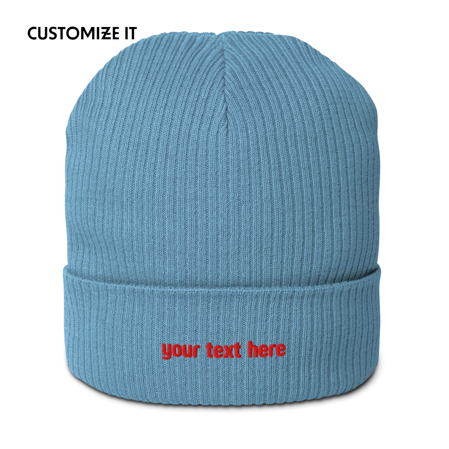 CUSTOM Text Red Embroidered Organic Ribbed Beanie