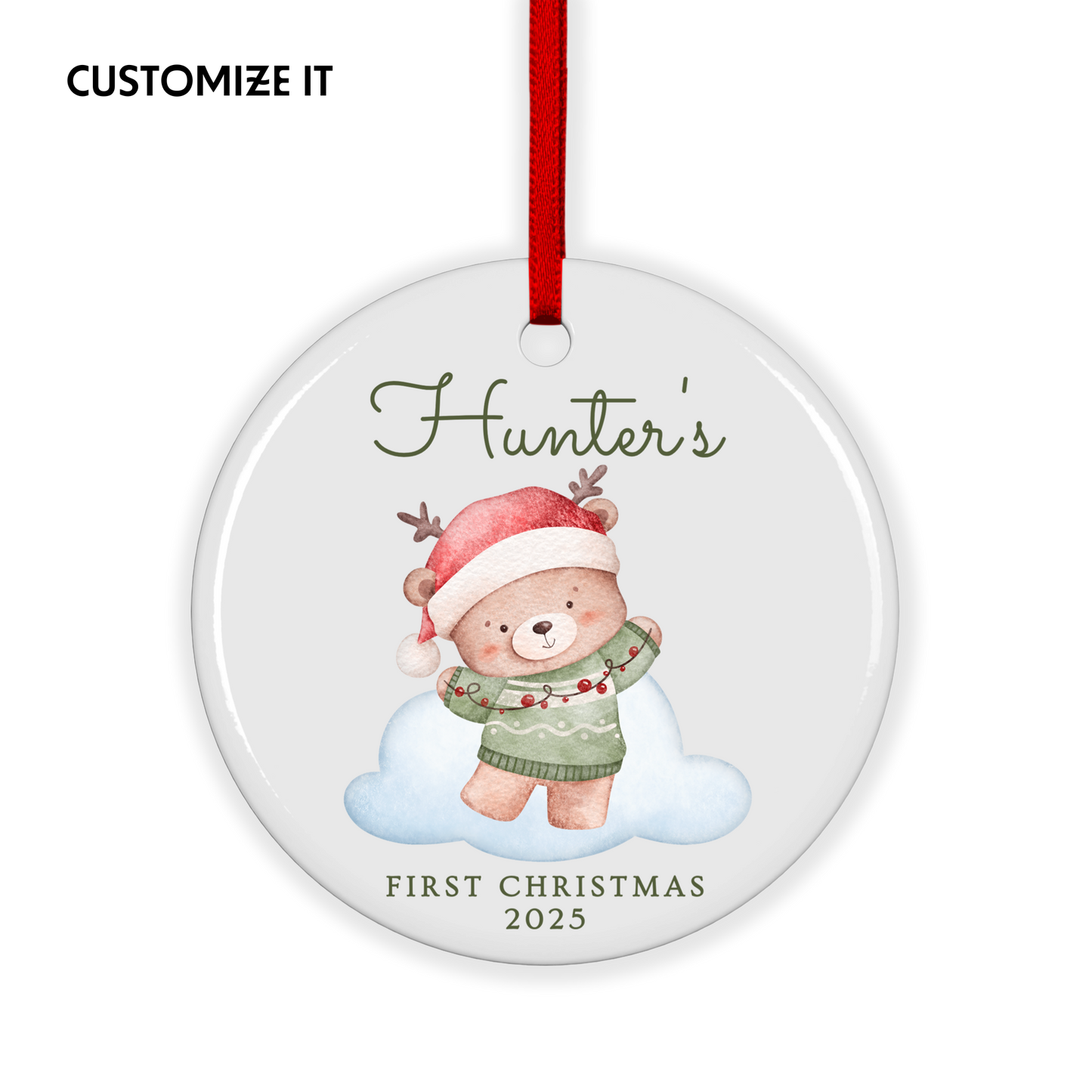 CUSTOM Baby's First Christmas Bear Ceramic Christmas Ornament