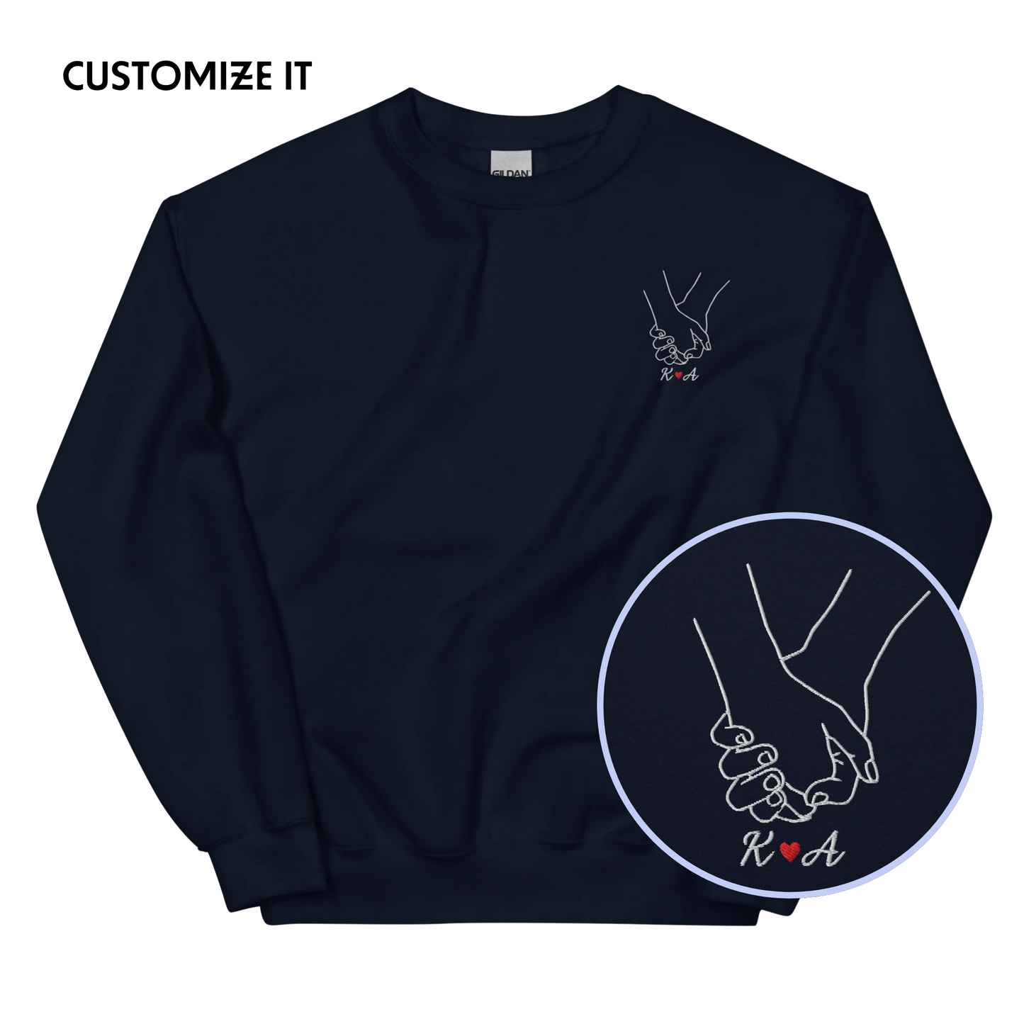 CUSTOM Couple Initials Embroidered Sweatshirt - Holding Hands
