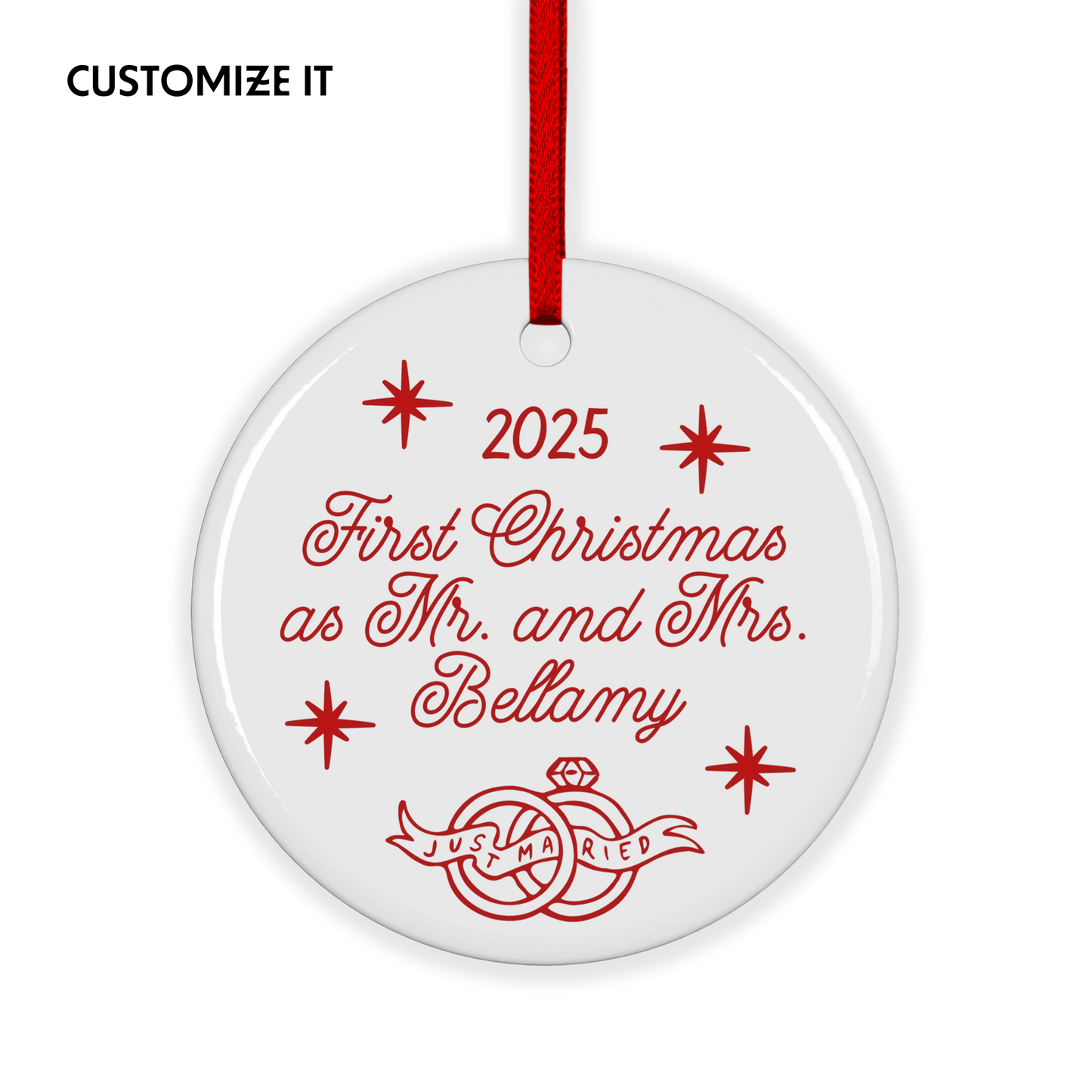 CUSTOM SURNAME Just Married Ceramic Christmas Ornament