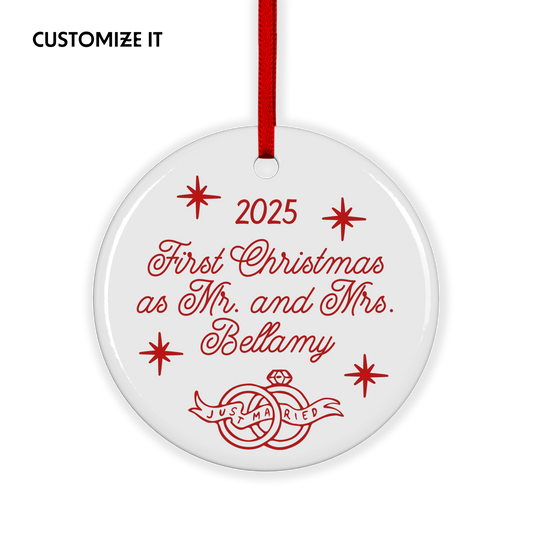 CUSTOM SURNAME Just Married Ceramic Christmas Ornament