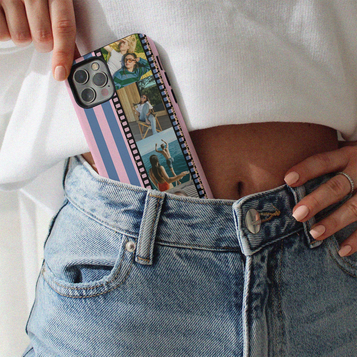 CUSTOM PHOTO Sweet Lines Aesthetic iPhone Case (Pink & Blue)