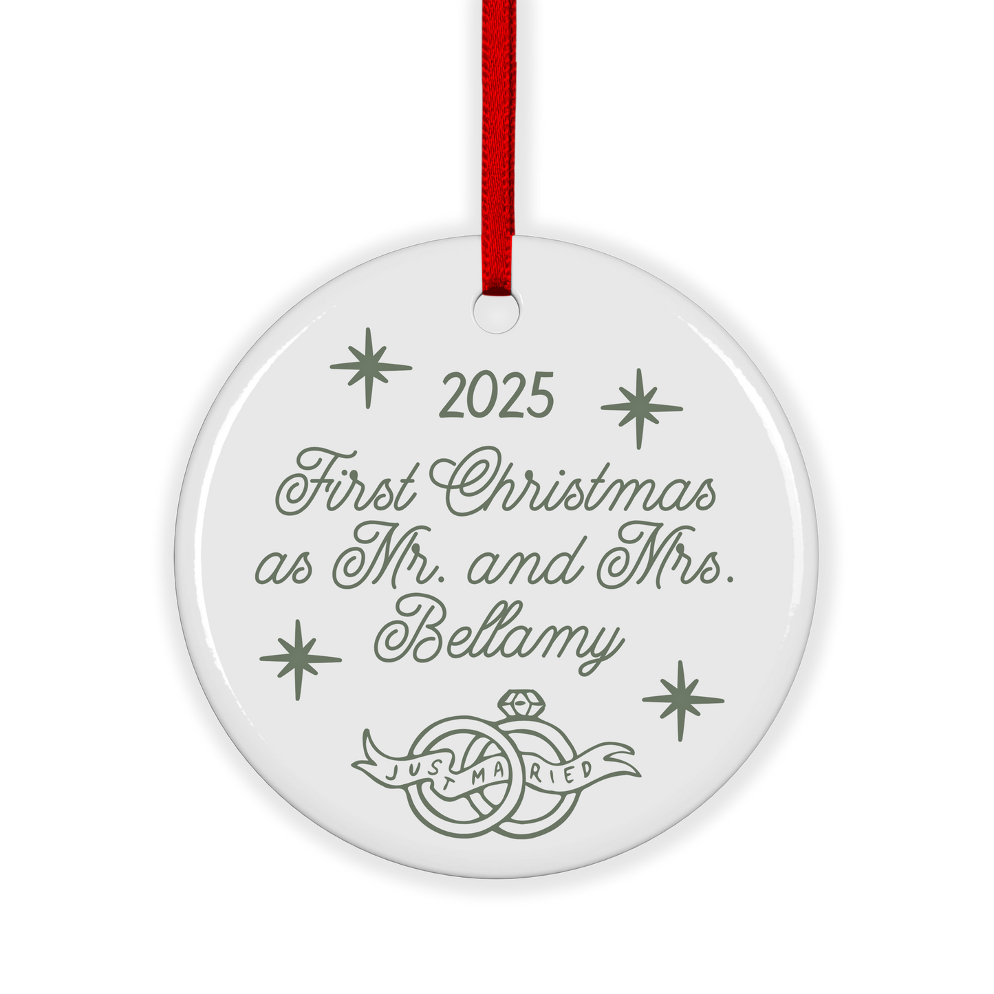 CUSTOM SURNAME Just Married Ceramic Christmas Ornament