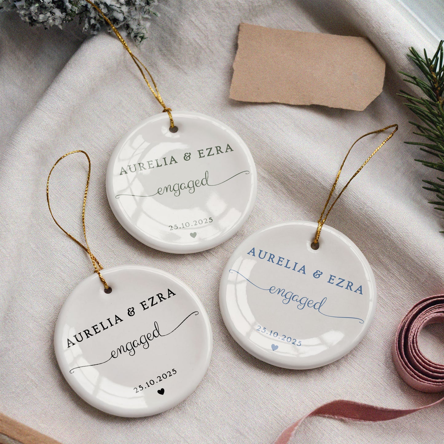 CUSTOM Engagement Date Ceramic Christmas Ornament
