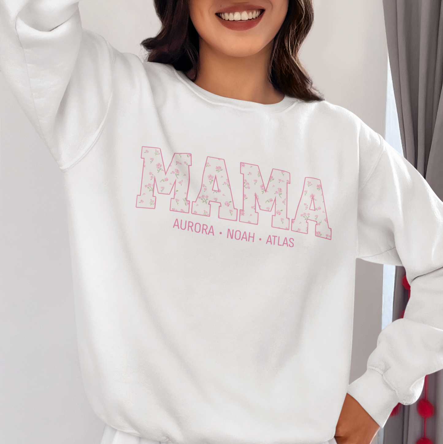 CUSTOM NAMES Mama Pink Floral Varsity Sweatshirt
