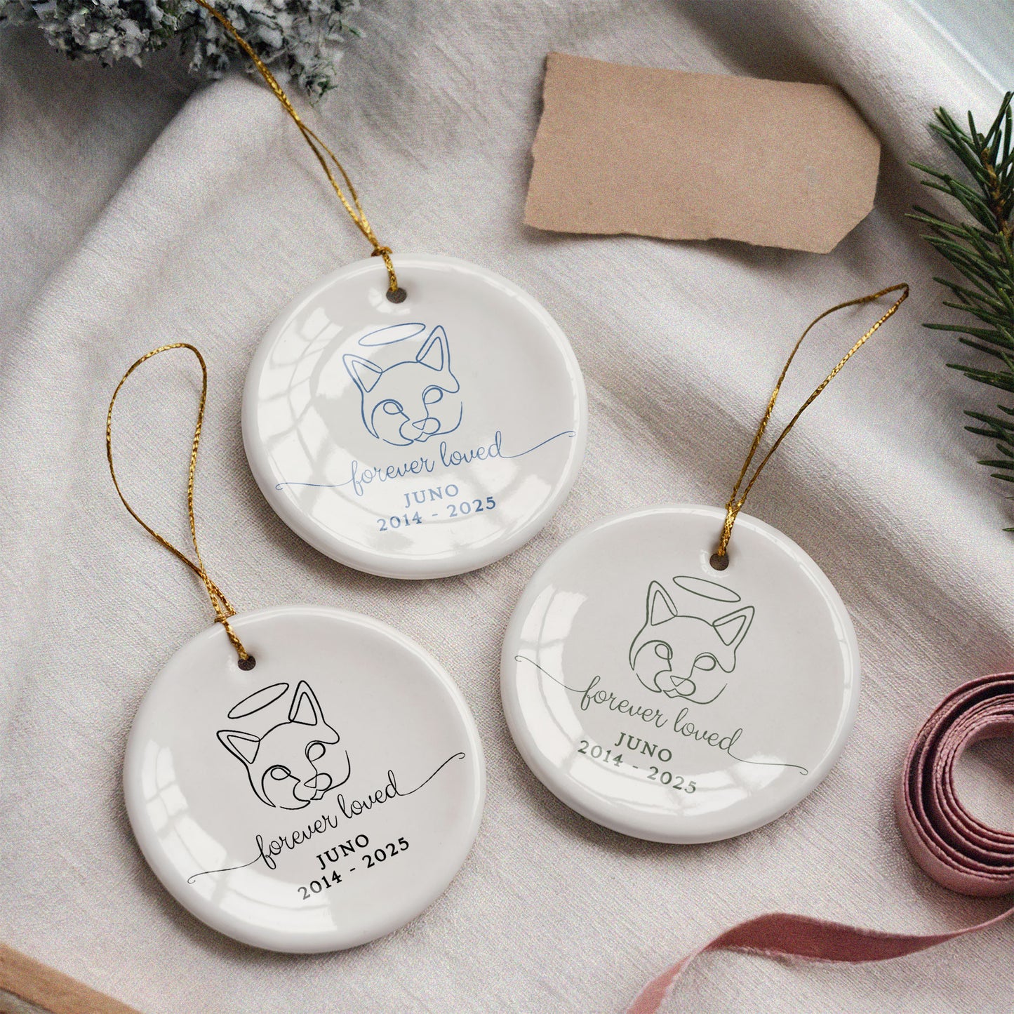 CUSTOM Cat Pet Memorial Forever Loved Ceramic Christmas Ornament