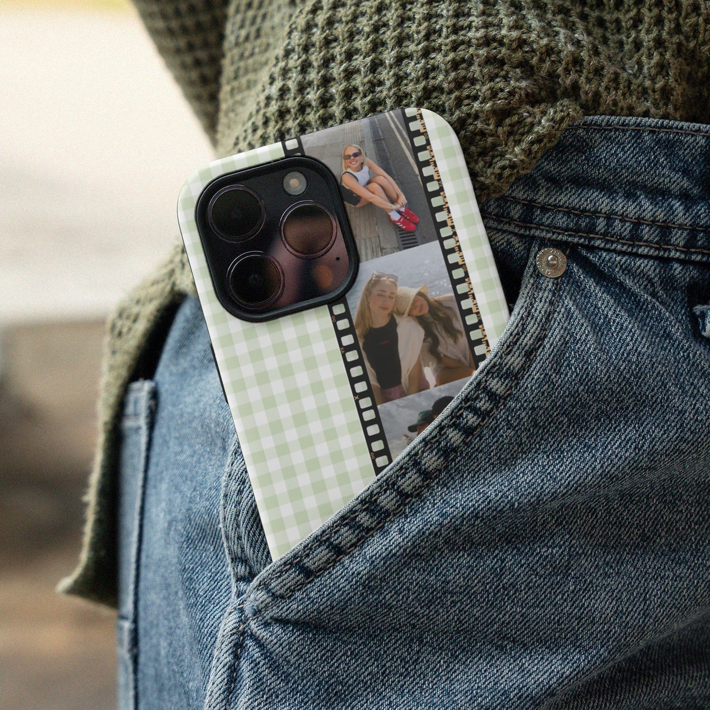 CUSTOM PHOTO Aesthetic Light Green Gingham iPhone Case