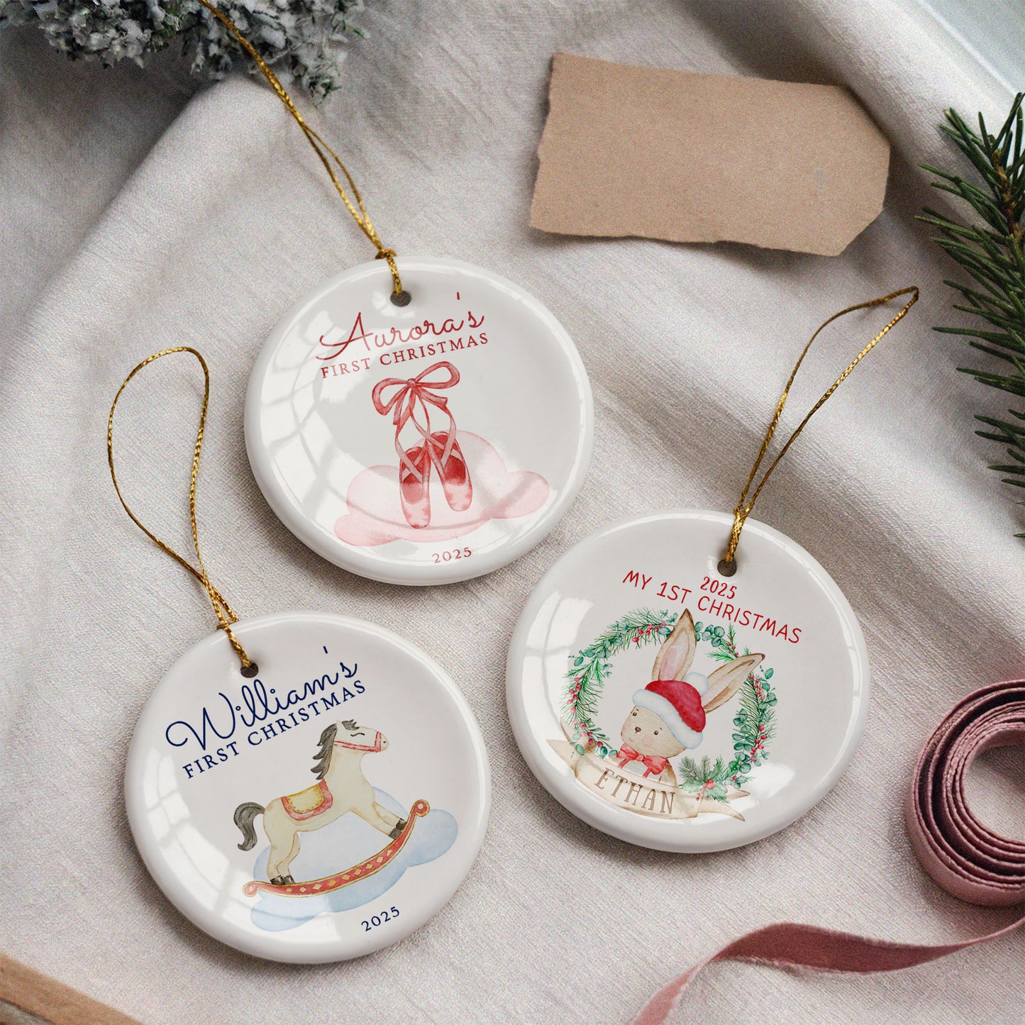 CUSTOM Baby's First Christmas Dreamy Ceramic Christmas Ornament
