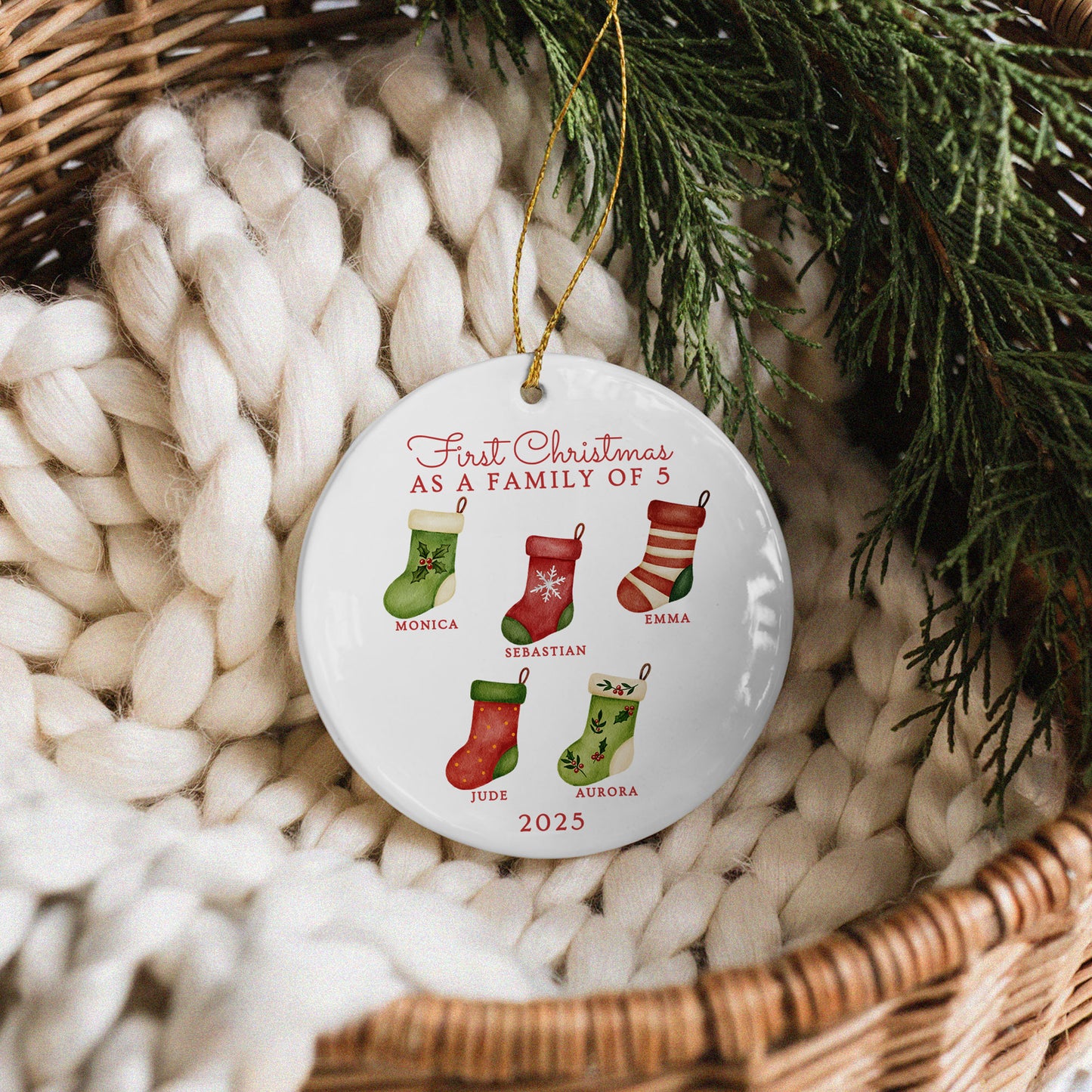 CUSTOM First Christmas As Family of 3, 4, 5, 6 Stockings Ceramic Christmas Ornament