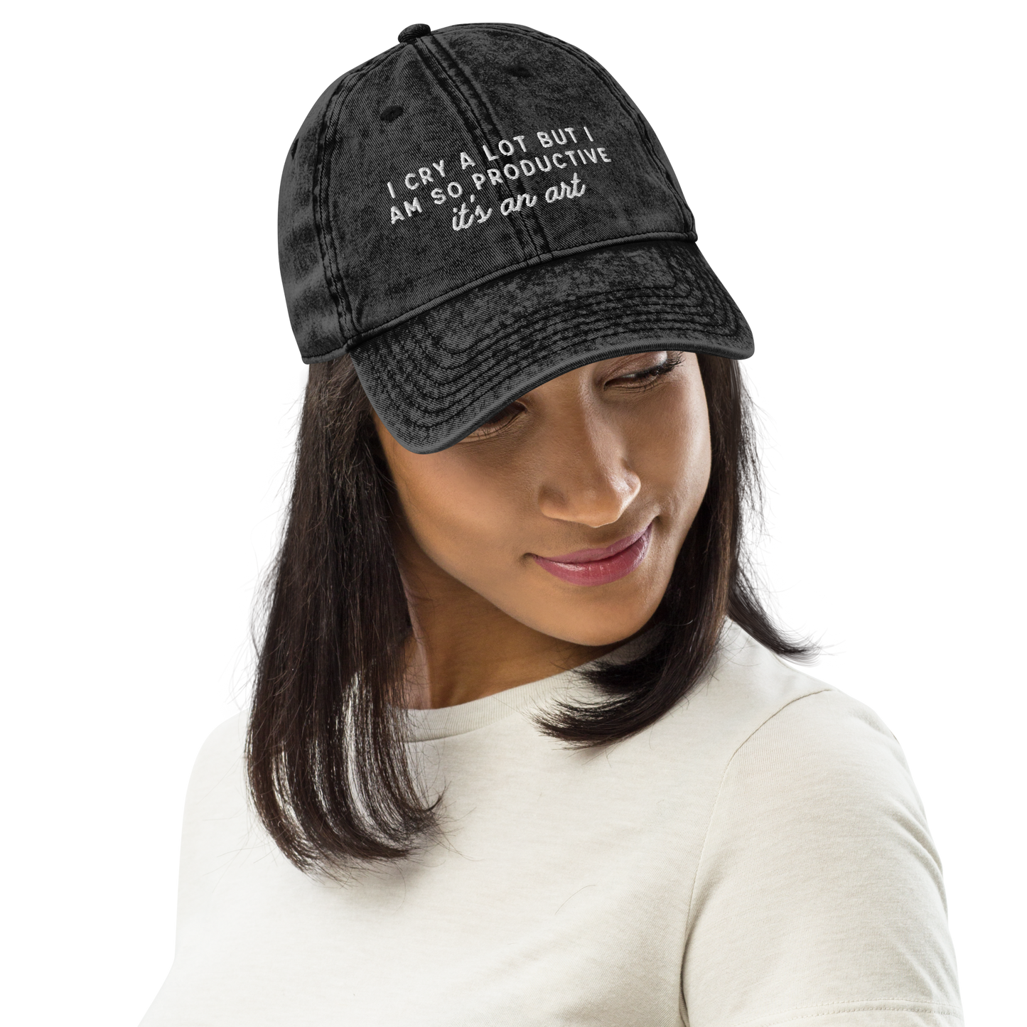 I Cry a Lot But I am so Productive, it's an Art Embroidered Vintage Cap