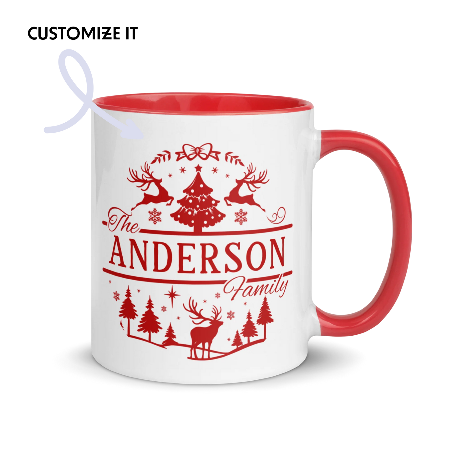 CUSTOM Family Surname Christmas Reindeer Color Mug