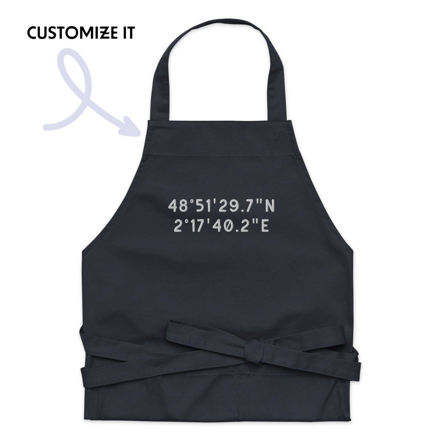 CUSTOM Location Coordinates Embroidered Organic Cotton Apron