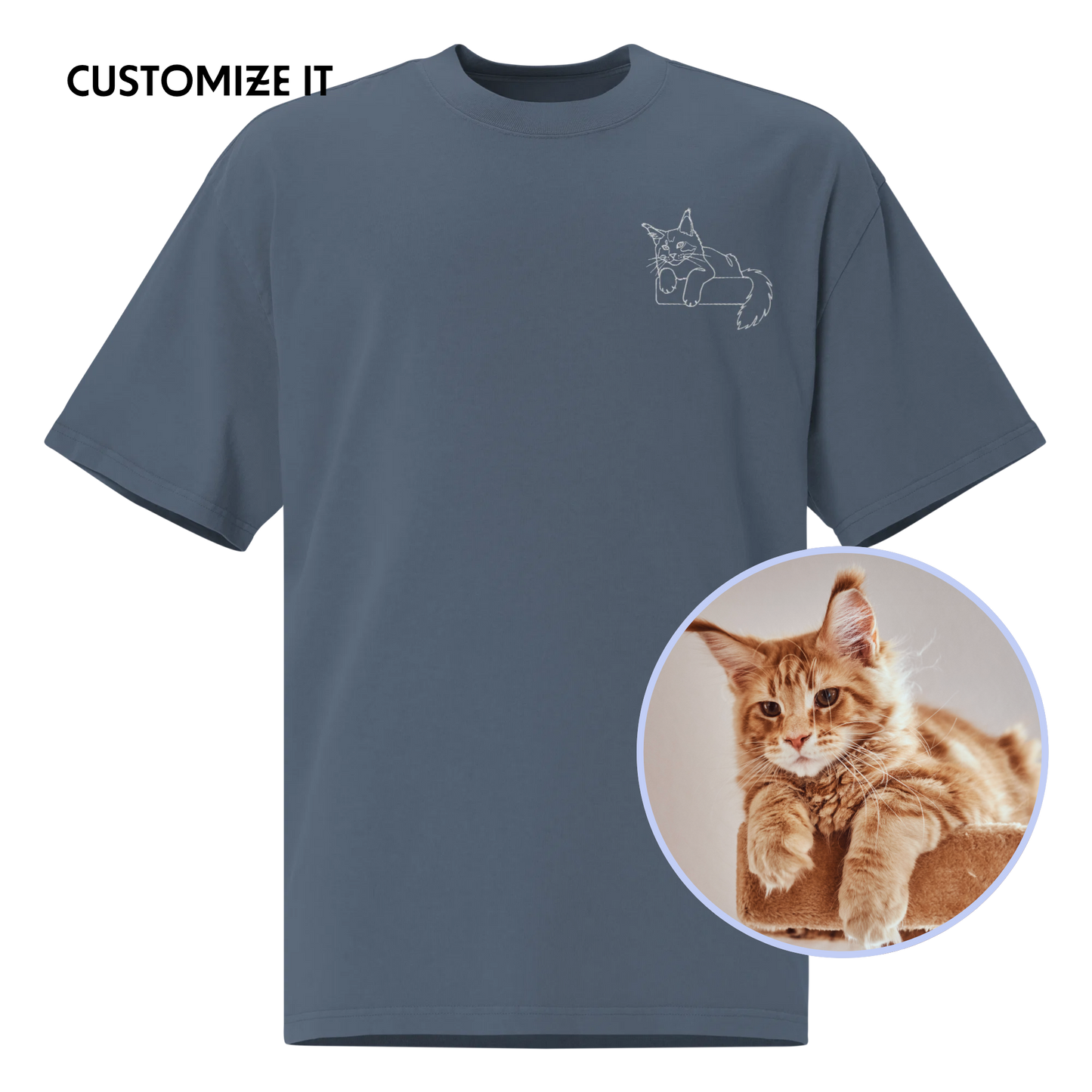 CUSTOM YOUR PET Portrait Embroidered Oversized Faded T-Shirt