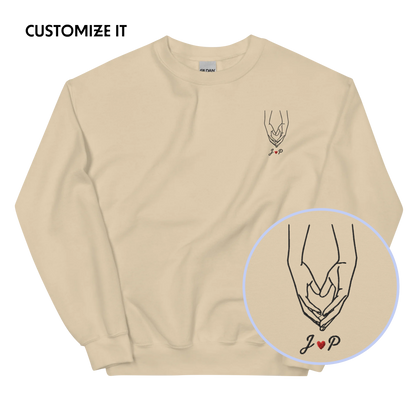 CUSTOM Couple Initials Embroidered Sweatshirt - Heart Hands