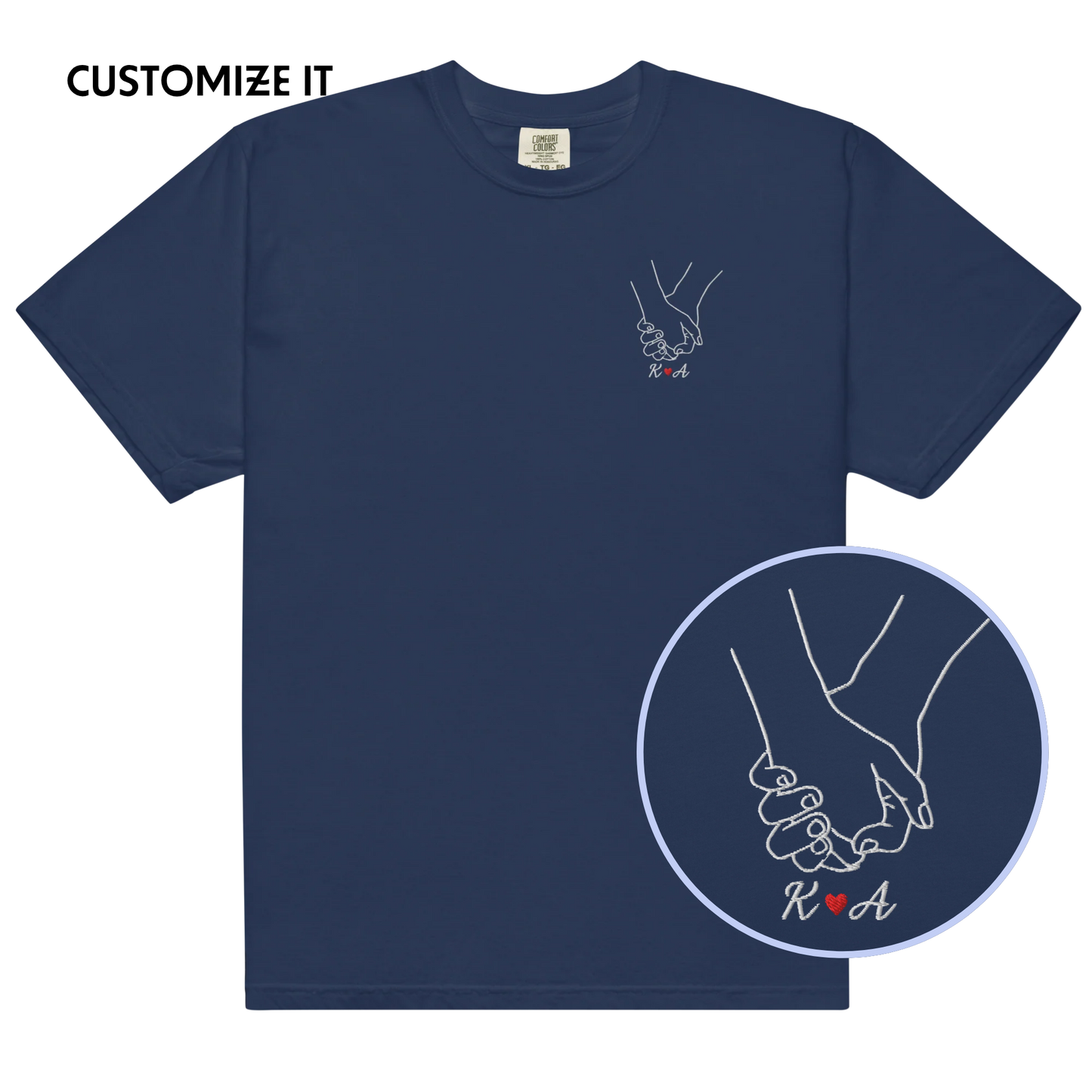 CUSTOM Couple Initials Embroidered T-Shirt - Holding Hands