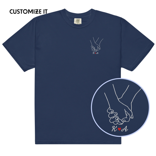 CUSTOM Couple Initials Embroidered T-Shirt - Holding Hands