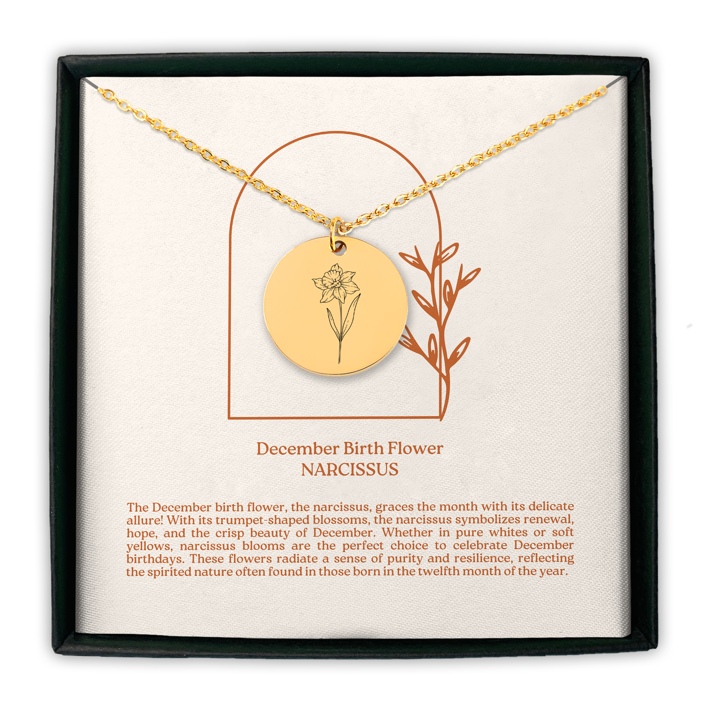 December Birth Flower Coin Necklace (Narcissus)