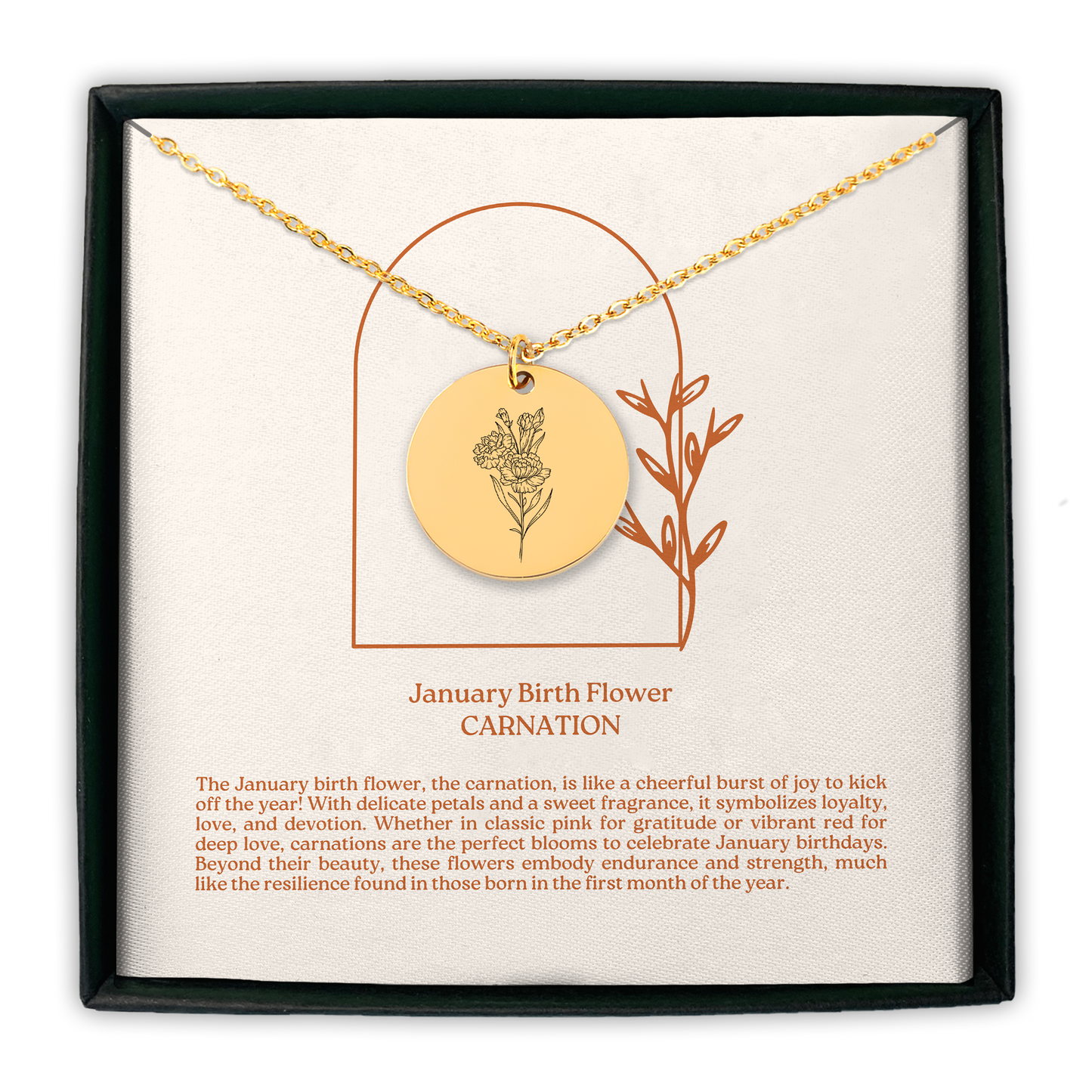 January Birth Flower Coin Necklace (Carnation)