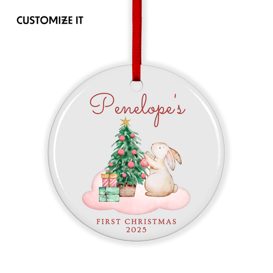 CUSTOM Baby's First Christmas Bunny Ceramic Christmas Ornament