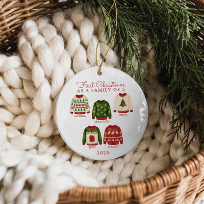 CUSTOM First Christmas As Family of 3, 4, 5, 6 Jumpers Ceramic Christmas Ornament