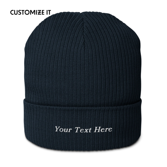 CUSTOM Text Serifed Embroidered Organic Ribbed Beanie