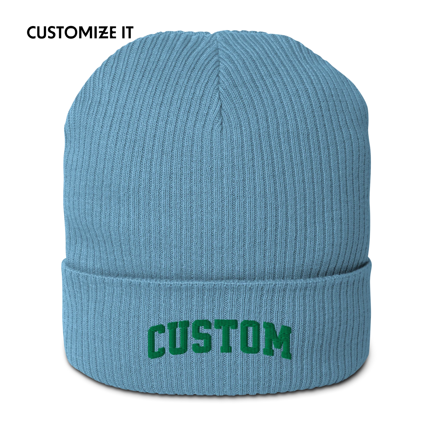 CUSTOM Text Varsity Embroidered Organic Ribbed Beanie