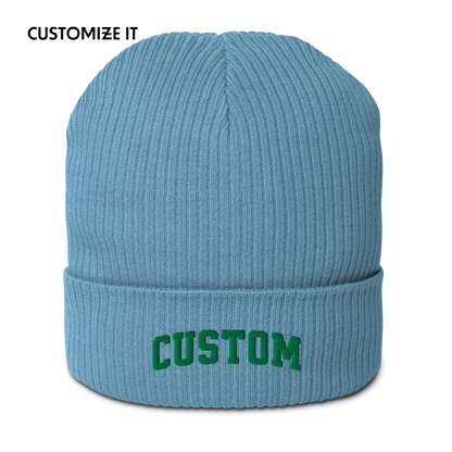CUSTOM Text Varsity Embroidered Organic Ribbed Beanie