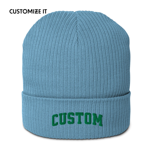 CUSTOM Text Varsity Embroidered Organic Ribbed Beanie
