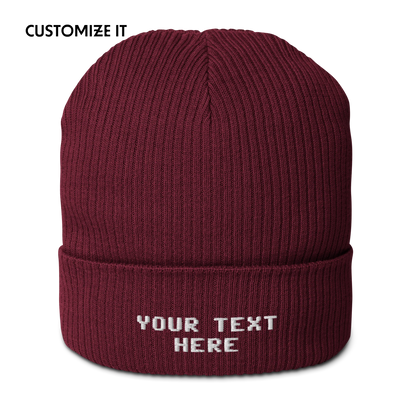 CUSTOM Your Text Pixel Embroidered Organic Ribbed Beanie